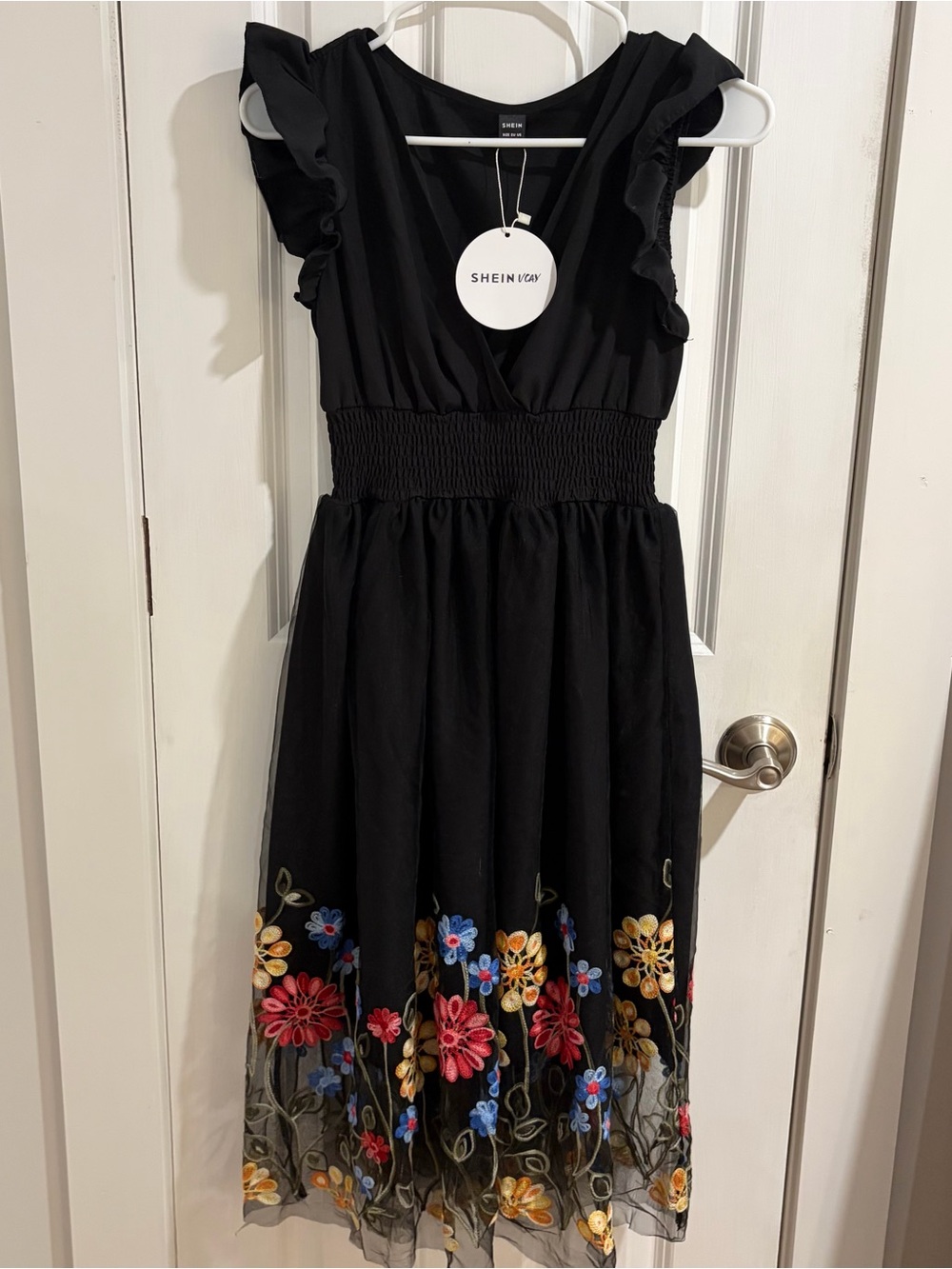 SHEIN Black Midi Dress with Multicolor Floral Embroidery